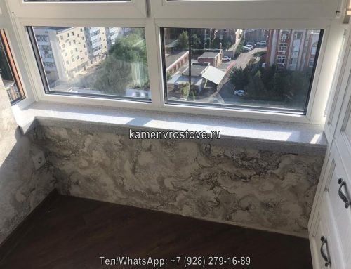Подоконник из акрилового камня серого цвета угловой формы для балкона.