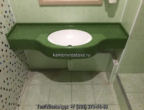 Заказать производство зеленых столешниц из искусственного камня с уникальным дизайном для ванной комнаты